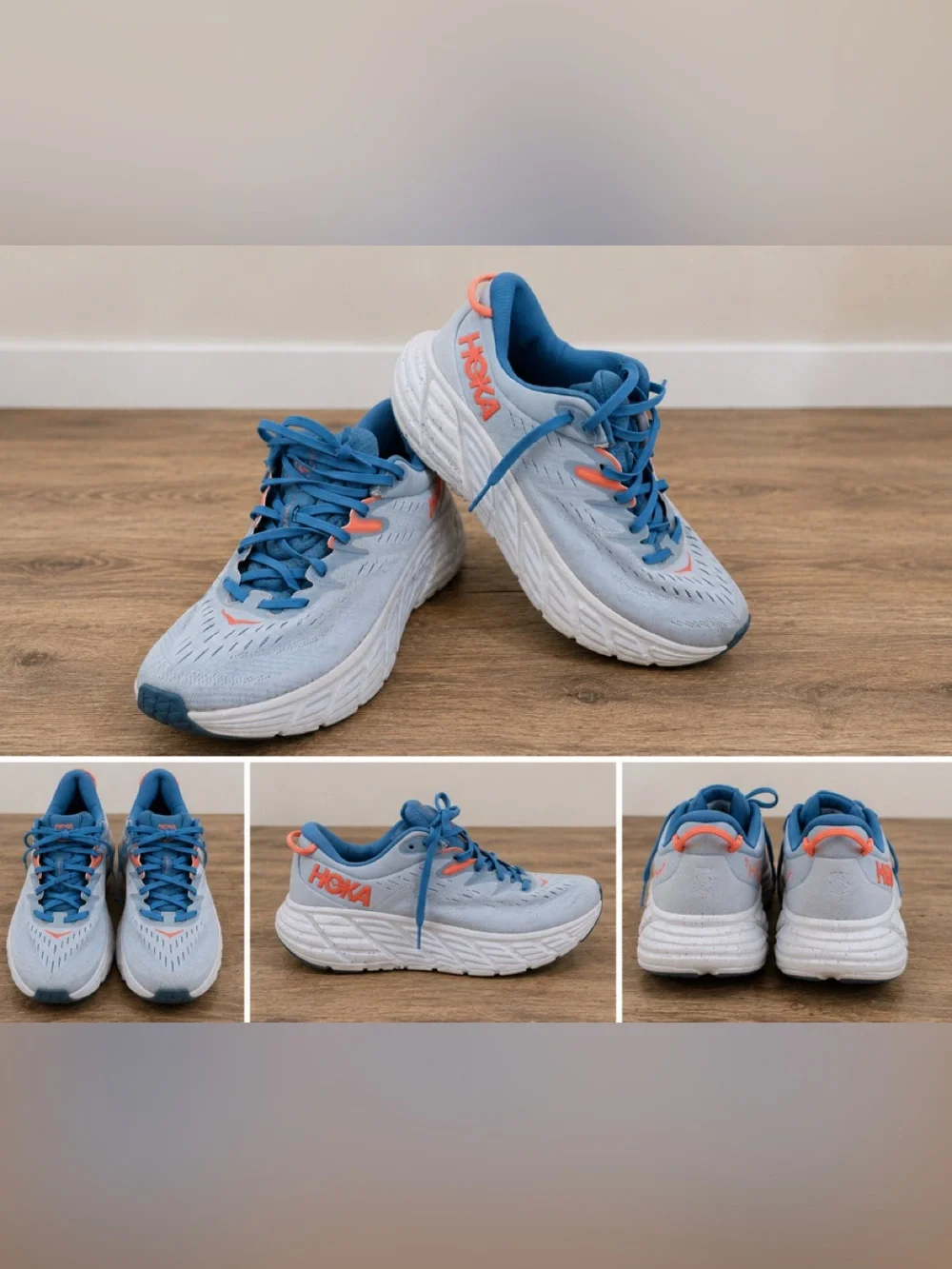 Hoka Gaviota Light Blue Running Shoes with Blue & Coral Details women’s 9.5